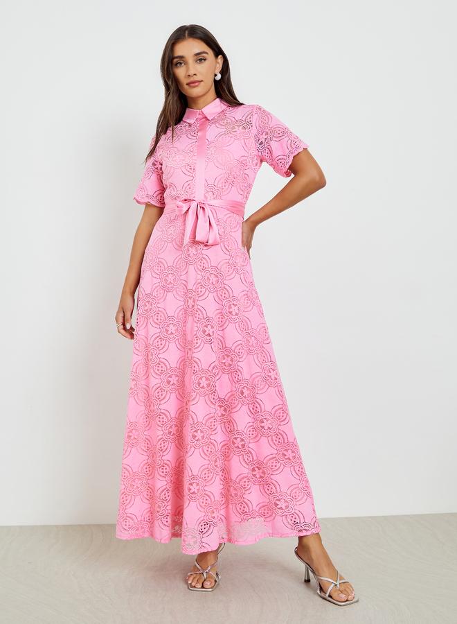 Styli Women Pink Lace Shirt Maxi Dress - Image 2
